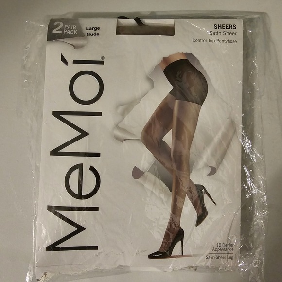 MeMoi Nude Sheer Control Top Pantyhose 2 Pair Pack Large 18 Denier Satin Leg - Picture 1 of 7